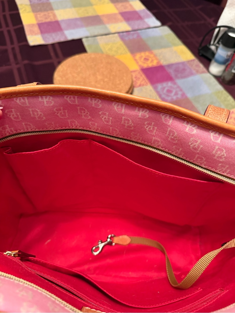 Dooney & Bourke Pink Signature Canvas Shoulder Tote with Tan Leather Trim - Picture 5 of 7